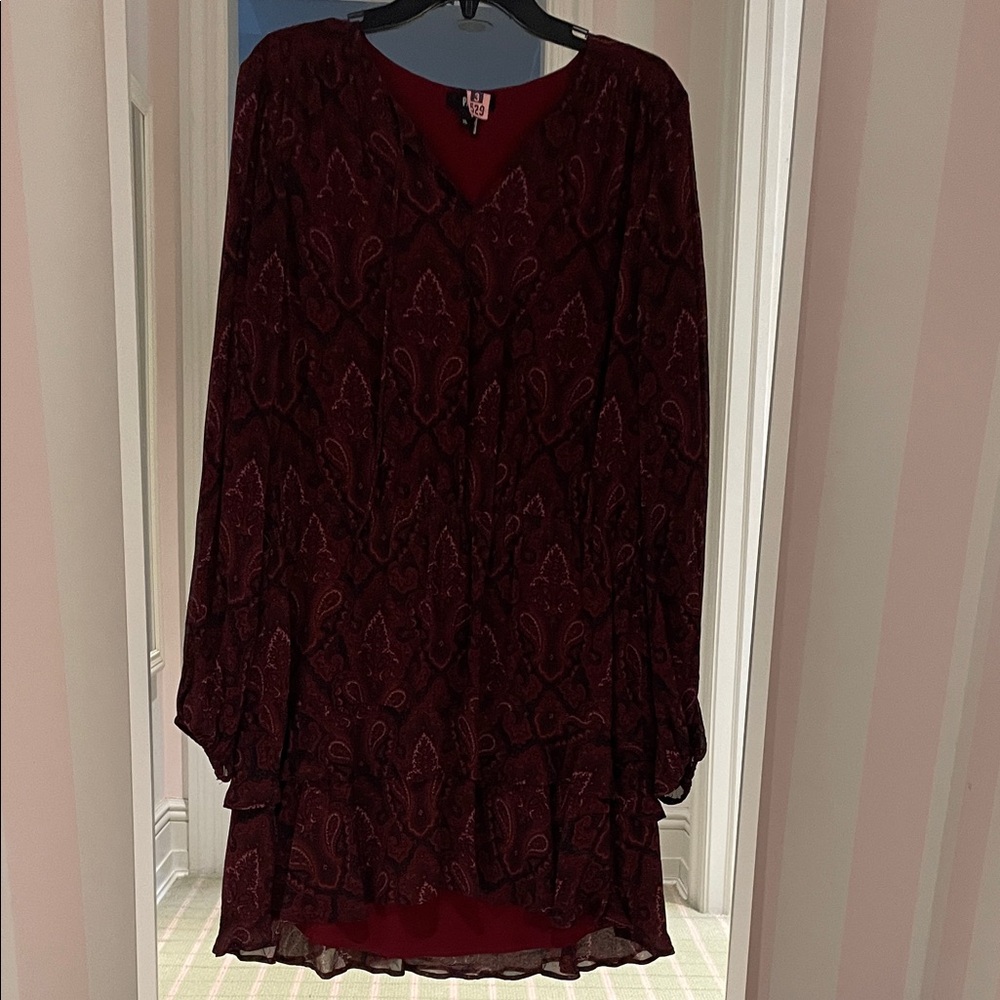 PAIGE Burgundy Paisley V-Neck Long Sleeve Dress